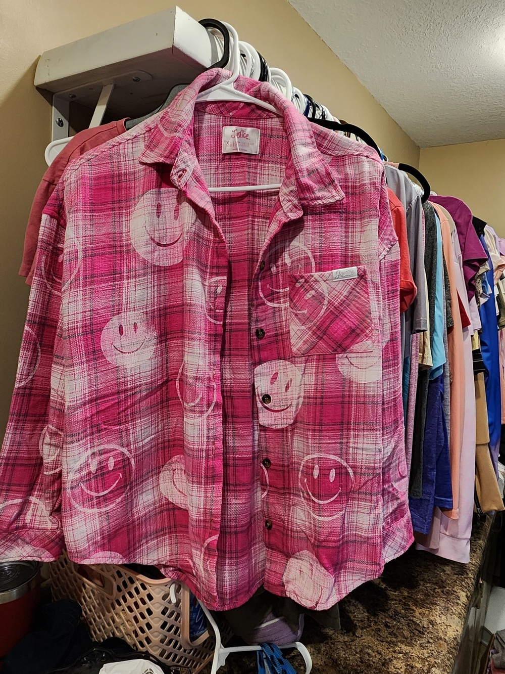 Justice Pink Plaid Button-Up Shirt with Smile Prints